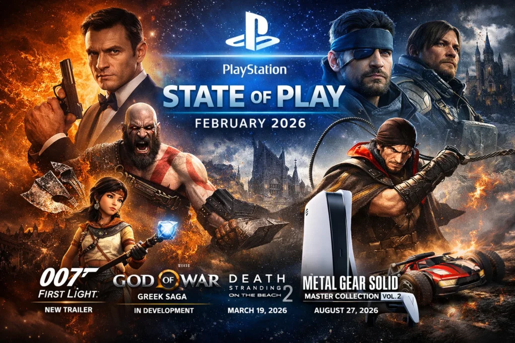PlayStation State of Play February 2026 featuring 007 First Light, God of War Greek Saga remake, Death Stranding 2, and Metal Gear Solid Master Collection on PS5